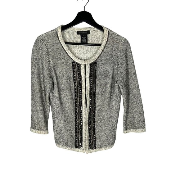 MM Couture Miss Me Black Cream Grey Beaded Button Up Cardigan Medium - Picture 1 of 8